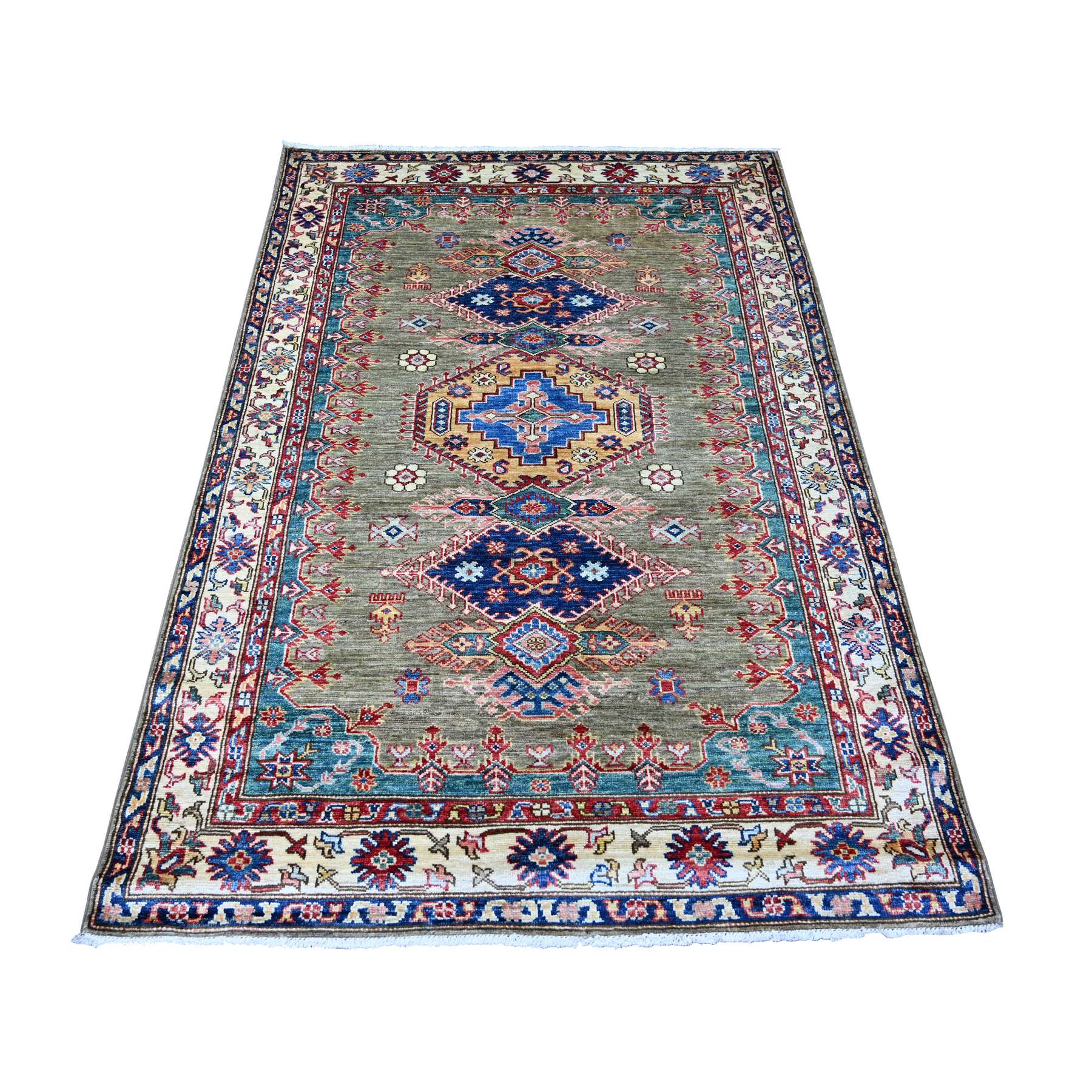 Reseda Green, Afghan Super Kazak with Geometric Medallions Design, Hand Knotted, Pure Wool, Vegetable Dyes, Oriental Rug